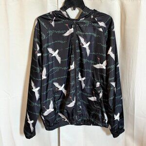Forever 21 Mens Windbreaker Jacket Medium Crane‎ Print Hooded Y2K Satin 18738